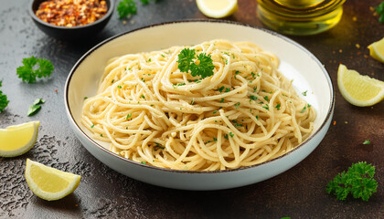 Wall Mural - Close-up of spaghetti aglio e olio with sauteed garlic, chili flakes, parsley. Tasty Italian food.