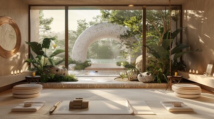 Sticker - An artistic rendering of a quiet yoga studio within a spa, with a view of nature outside