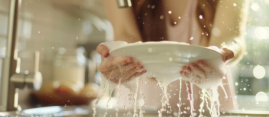 Close-up of woman hands washing plate with soap foam and water in modern kitchen interior.