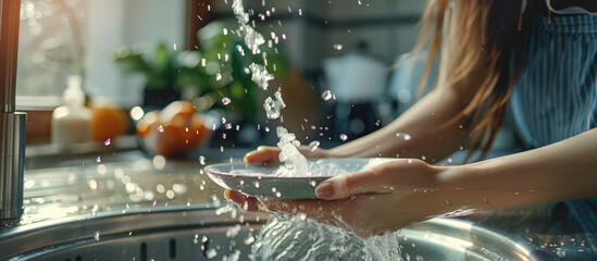 Close-up of woman hands washing plate with soap foam and water in modern kitchen interior.