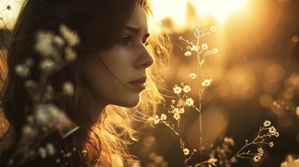 Wall Mural - This is a portrait of a woman bathed in warm, golden sunlight which creates a serene atmosphere. The photo captures a soft focus, with small flowers and delicate stems in the foreground, slightly blur
