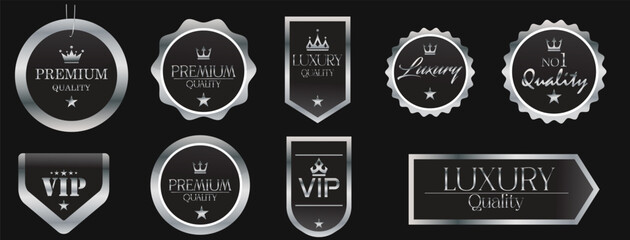 Wall Mural - Silver luxury labels and banners. Vector set of  award badges, best quality guarantee certificates, emblems and ribbons for product promotion. Isolated VIP quality guaranteed stamps.eps10