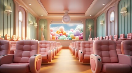 Poster - b'An empty theater with pink seats and a large screen showing a colorful balloon backdrop'