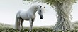 Majestic white horse stands gracefully beside tall, ancient tree in a serene and enchanting setting