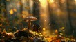A single mushroom stands prominently in the center of a forest scene, bathed in the warm, golden light of what could be a setting or rising sun. Droplets of water, resembling tiny, airborne diamonds, 