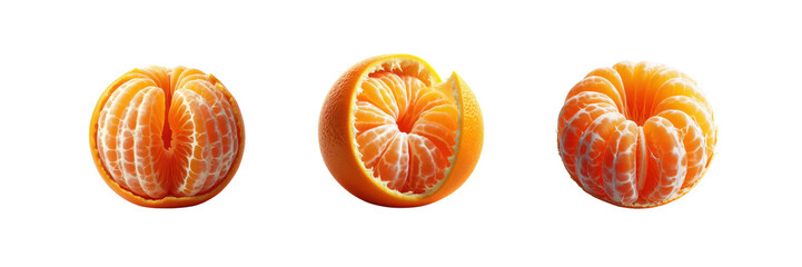 Wall Mural - Set of peeled orange with the internal of a mandarin, illustration, isolated over on transparent white background