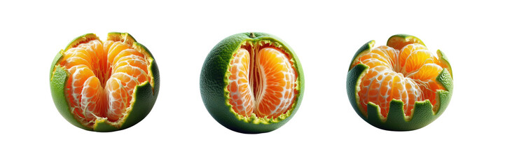 Wall Mural - Set of peeled green orange with the internal of a mandarin, illustration, isolated over on transparent white background