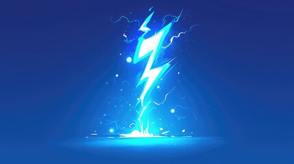 Poster - A cartoon blue thunderbolt crackling with sparks and lightning icons stands out against a plain background This rendering captures the electrifying impact of lightning strikes with a flash 