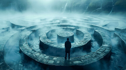 Businessman looking at maze in the middle of a labyrinth. Business concept