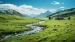 b'Cows grazing in a lush green valley with snow-capped mountains in the distance'