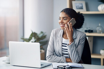 Poster - Phone call, laptop and business woman in office for online chat, networking and discussion. Corporate worker, professional and person on smartphone and computer for planning, contact or communication