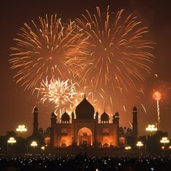 b'Lahore Fort illuminated with fireworks during Diwali celebrations'