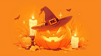 Poster - Celebrate Halloween with a cheerful line icon featuring a pumpkin and a candle