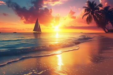 Wall Mural - b'Tropical Beach Sunset With Sailboat and Palm Trees'