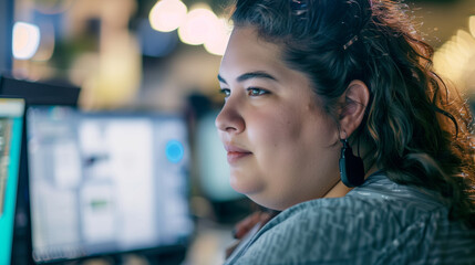 Tech Professional: A skilled plus size girl at work in the tech industry, such as a software developer, IT specialist, or UX designer, contributing her expertise and creativity to