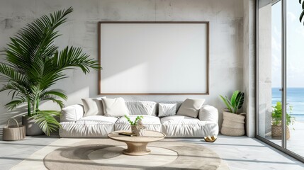 Wall Mural - A white couch is in a room with a large white wall and a window. The room has a beach theme and is decorated with plants and a vase