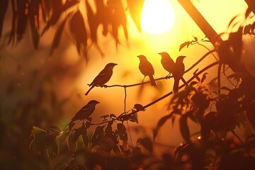 Poster - An ethereal moment capturing sparrows in symphony with the sunrise, their silhouettes adding poetic beauty to the tropical morning