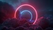 Glowing neon circles above the clouds. 3D rendering.