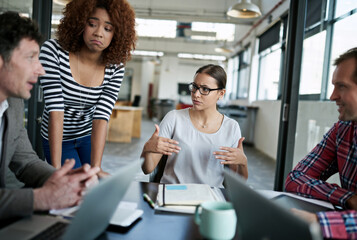 Sticker - Meeting, planning and problem solving with design team in boardroom of workplace for discussion. Business, collaboration or creative with confused designer people in workplace to explain a question