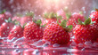 Food illustration, ripe strawberries with cream and splashes of juice. Unusual background. Looks unusual and tasty, Restaurant menu.