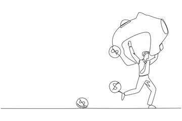 Poster - Continuous one line drawing businessman running lifting piggy bank on shoulders. Dollar symbol coin falling. Leak has occurred. Saving financial condition. Single line draw design vector illustration