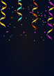 Black festive vertical abstract background with colored confetti. Vector illustration
