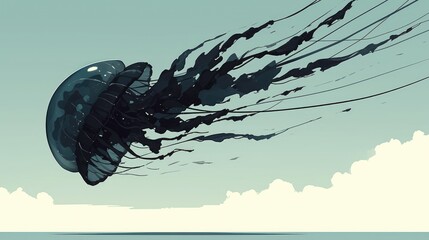 Poster - Illustration of a jellyfish in sleek black silhouette 2d