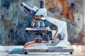 Wall Mural - A watercolor painting of a microscope on a table. Suitable for educational and scientific presentations