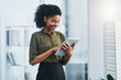 © peopleimages.com - Tablet, business and black woman in office online for social media, online report and planning. Happy, corporate worker and person on digital technology for project ideas, website and research