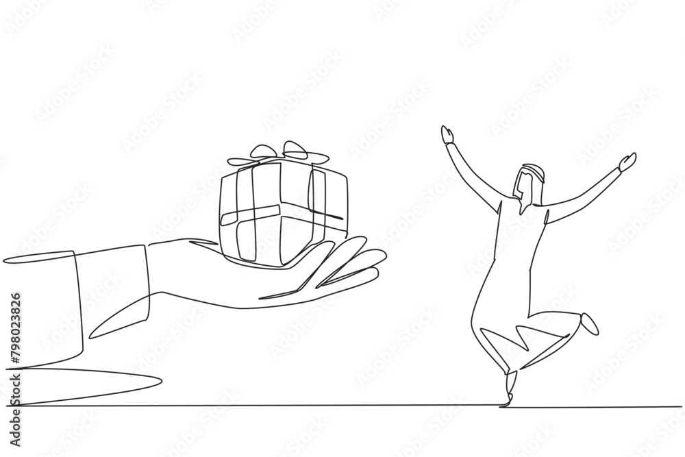 Single one line drawing young Arabian businessman excited to get the ...