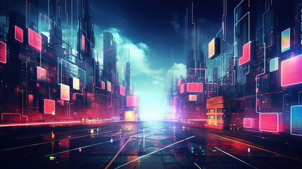 Canvas Print - Neon technology city business concept with skyscraper buildings and virtual network connection.