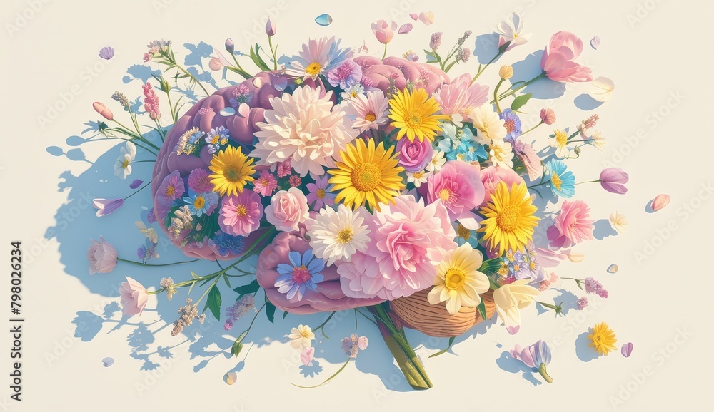 Human brain made from colorful flowers on a gray background, a creative ...