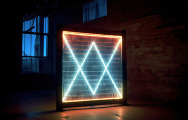 Sticker - Neon lamp with square shape in the club or on the street.