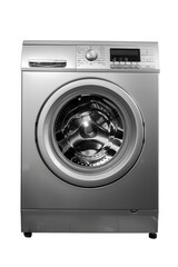 Wall Mural - A modern silver washing machine on a clean white background. Perfect for household appliance concepts