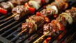 Food On Grill. Grilling Shashlik Skewers on Barbecue with Seasoned Meat and Vegetables