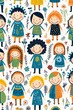 Happy kids from around the world, simple line illustration for diverse textile patterns ,  flat graphic drawing