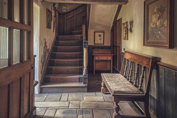 old wooden staircase, Delight in the rustic beauty of an English country house with this exquisite image showcasing the hallway decor and interior design of an old cottage