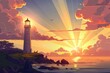 A picturesque painting of a lighthouse at sunset with birds flying in the sky. Suitable for various projects