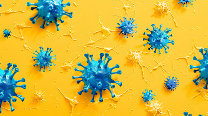 Wall Mural - Yellow background with blue cells and yellow colored virus shapes 
