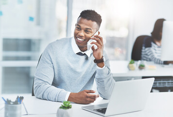 Aufkleber - Business man, phone call and coworking office with web design networking and conversation. Happy, desk and startup staff with digital designer work and communication with technology at workplace