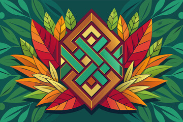 A colorful geometric pattern with a central diamond shape and symmetrical leaves in shades of red, orange, yellow, and green on a dark teal background.