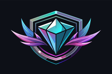Aufkleber - A stylized logo with a shiny blue crystal at the center, surrounded by geometric shapes and feather-like purple and pink wings on a black background.