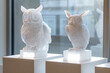 Recycled plastic sculptures of an owl and a rabbit displayed on museum plinths.

