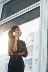 Aufkleber - Phone call, window and business black woman in office for online conversation, contact and talking. Corporate consultant, company and worker on smartphone for communication, b2b network or connection
