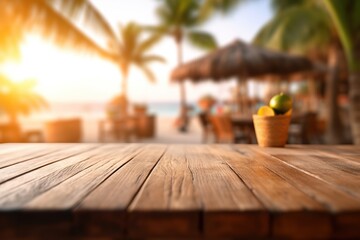 Sticker - A photo of an empty wooden table with a tiki beach bar blurred background Generative AI