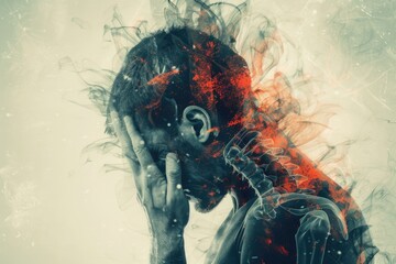 Wall Mural - A man looking stressed with his head in his hands. Suitable for mental health concepts