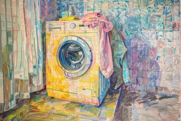 Wall Mural - A painting of a washing machine in a room. Perfect for household appliance concept