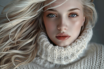Wall Mural - Extreme close-up portrait of a very beautiful young woman with long blonde hair and blue eyes, wearing a white knit sweater - isolated, background