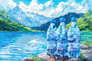 Poster - Three bottles of water on a rock by the water. Suitable for hydration or outdoor adventure concepts