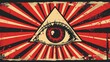 The all-seeing eye within a pyramid with radiating red and black stripes, a stylized symbol that often represents knowledge, surveillance, and a higher authority.